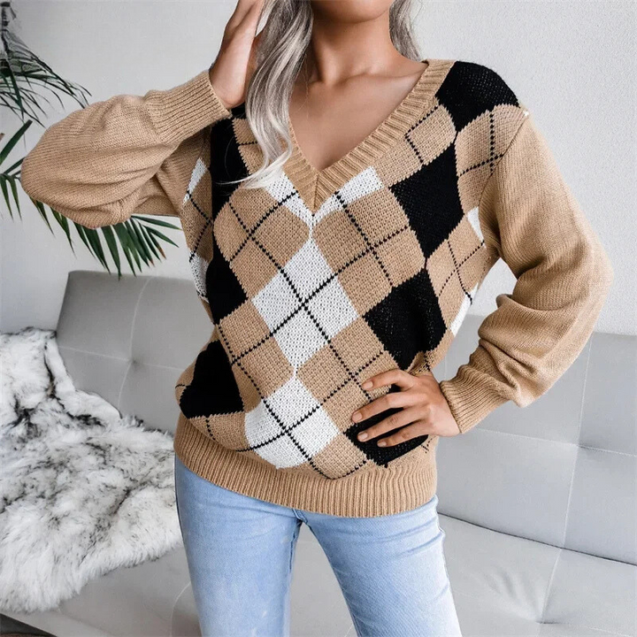 Natalia - pull d'hiver avec col en V et motif à carreaux