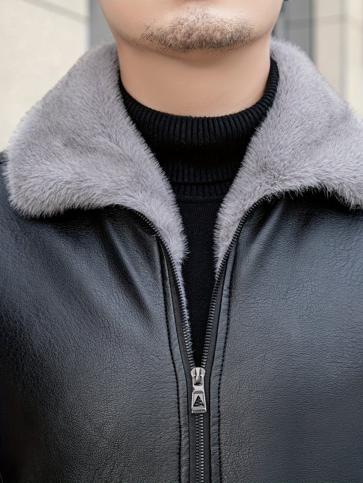 Veste d'hiver décontractée en similicuir avec fermeture éclair et revers | Parfaite pour l'hiver
