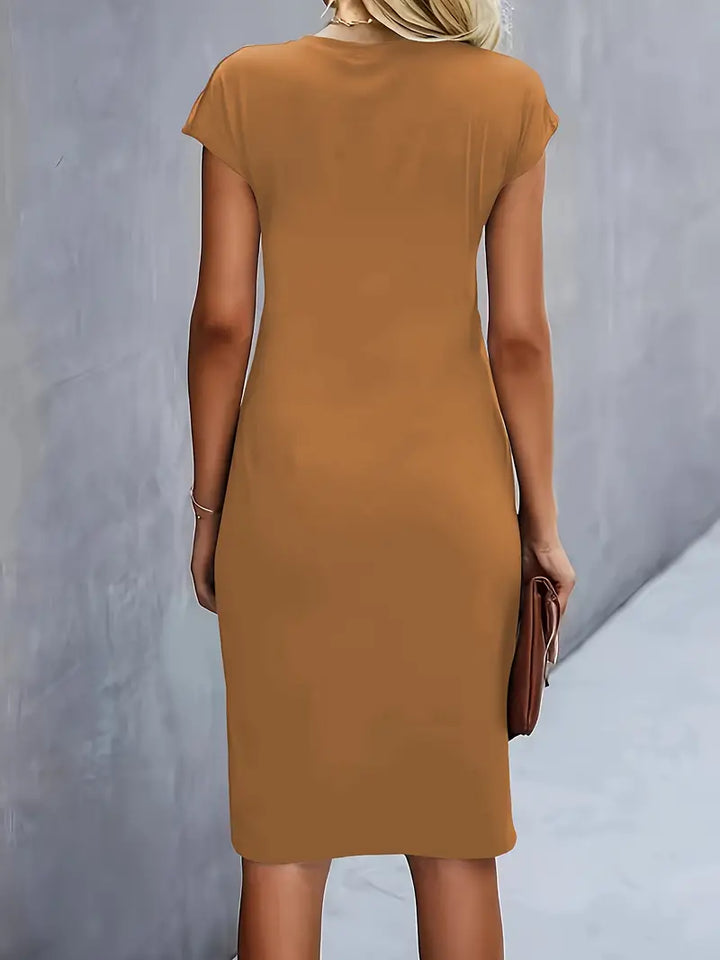 Abito a tubino da donna con pieghe – Abito da lavoro aderente con scollo rotondo per ufficio, eventi e look serali