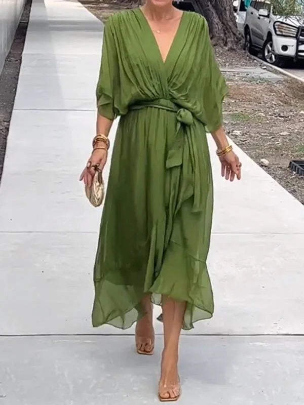 Abito lungo da donna con effetto incrociato – Abito estivo arioso con scollo a V e cintura da annodare – Elegante abito da spiaggia con maniche a pipistrello