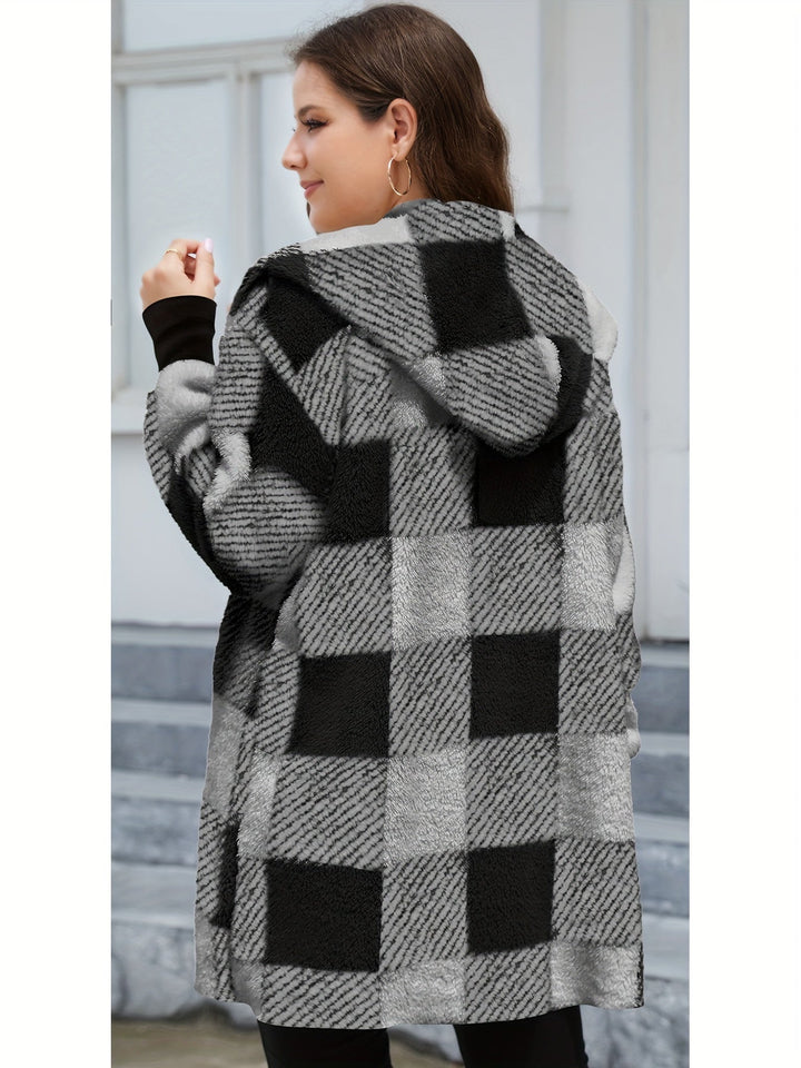 Lässiger hooded karierten Fleece-Strickwaren-Cardigan für Damen | Perfekt für den Alltag