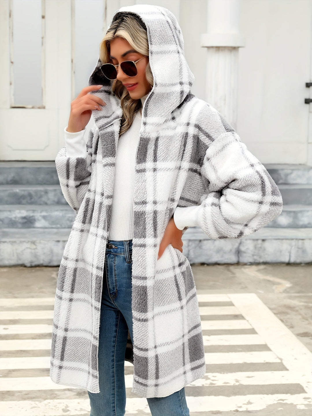 Lässiger hooded karierten Fleece-Strickwaren-Cardigan für Damen | Perfekt für den Alltag