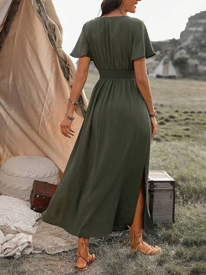 Abito lungo boho da donna con scollo a V – abito estivo con maniche corte, spacco e vita elastica per vacanze, tempo libero e festival