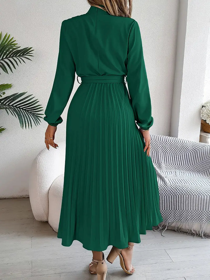 Elegante abito midi plissettato con cintura – abito a maniche lunghe da donna per ufficio e occasioni speciali