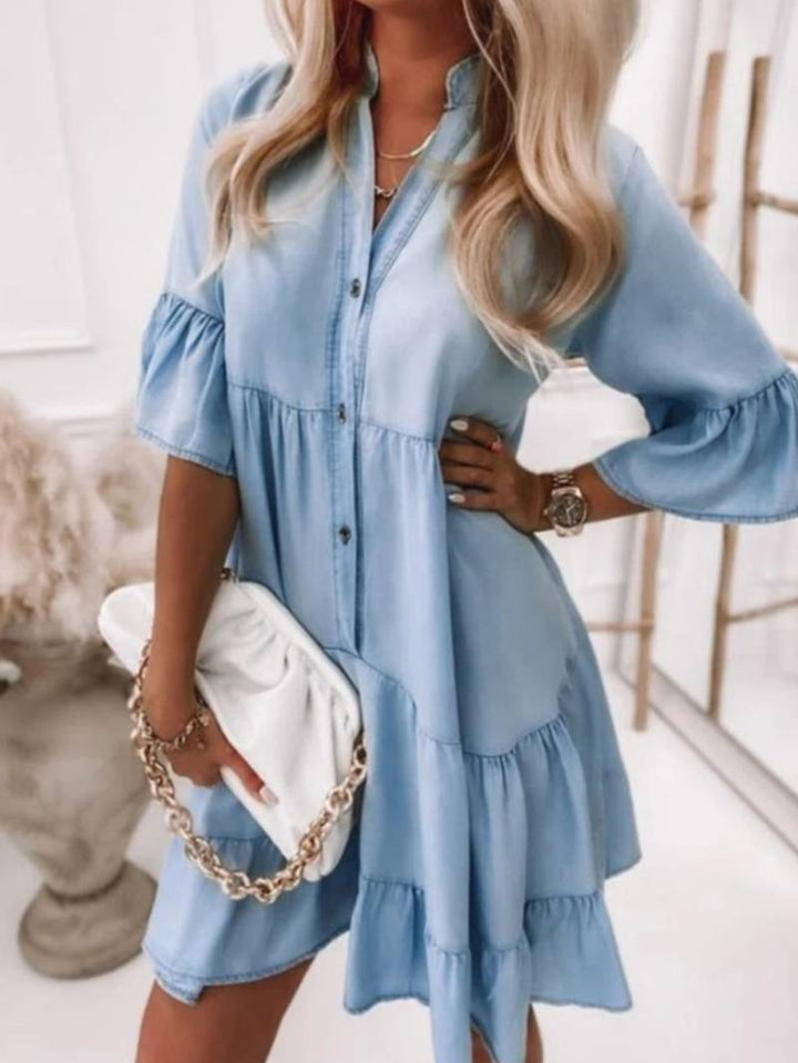 Lässiges Damen Hemdblusenkleid mit Knopfleiste – Lockeres Stufenkleid mit V-Ausschnitt und 3/4-Ärmeln – Sommerkleid für Alltag & Urlaub