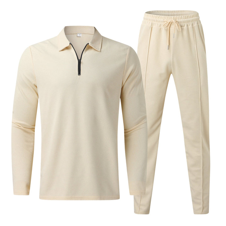 Survêtement de loisirs pour hommes 2 pièces – T-shirt à manches longues avec fermeture éclair & pantalon de jogging en tissu gaufré
