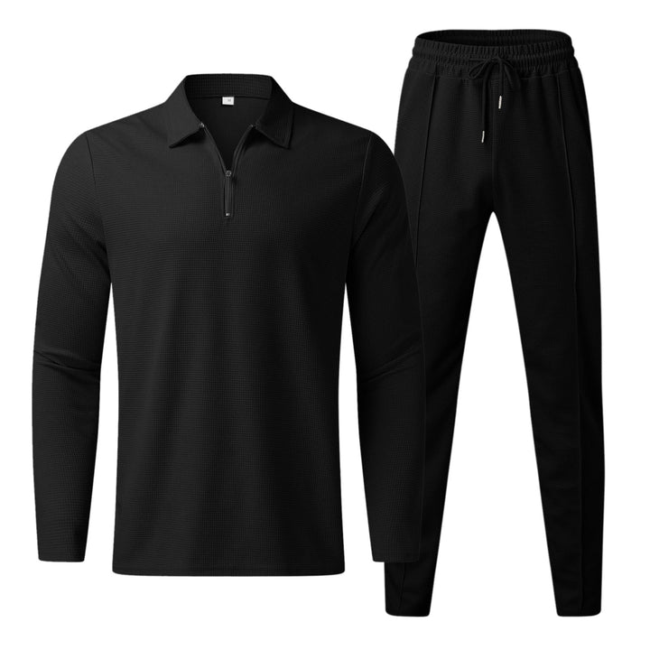Survêtement de loisirs pour hommes 2 pièces – T-shirt à manches longues avec fermeture éclair & pantalon de jogging en tissu gaufré