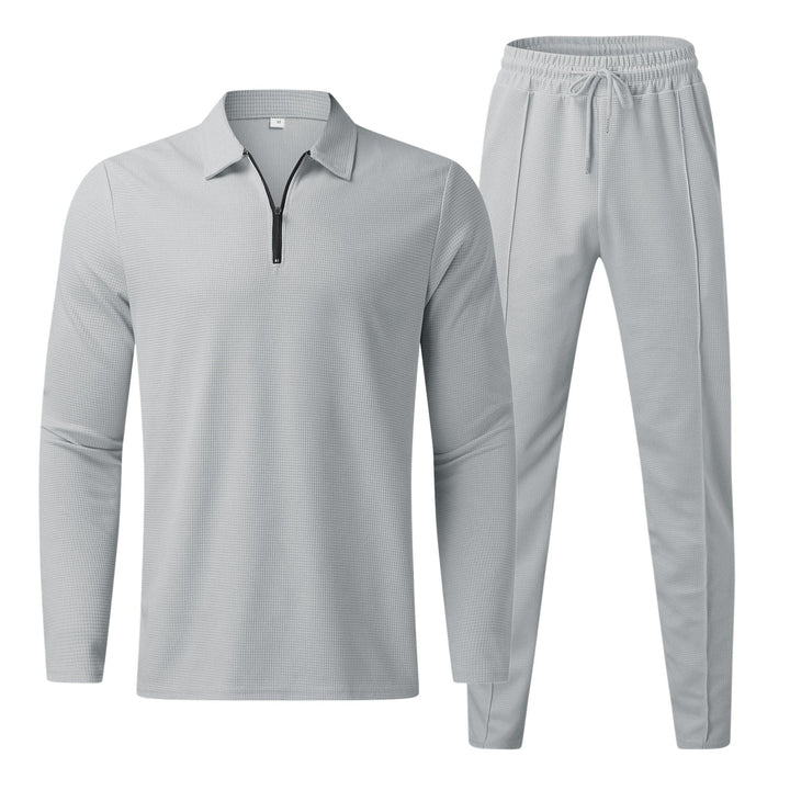 Survêtement de loisirs pour hommes 2 pièces – T-shirt à manches longues avec fermeture éclair & pantalon de jogging en tissu gaufré