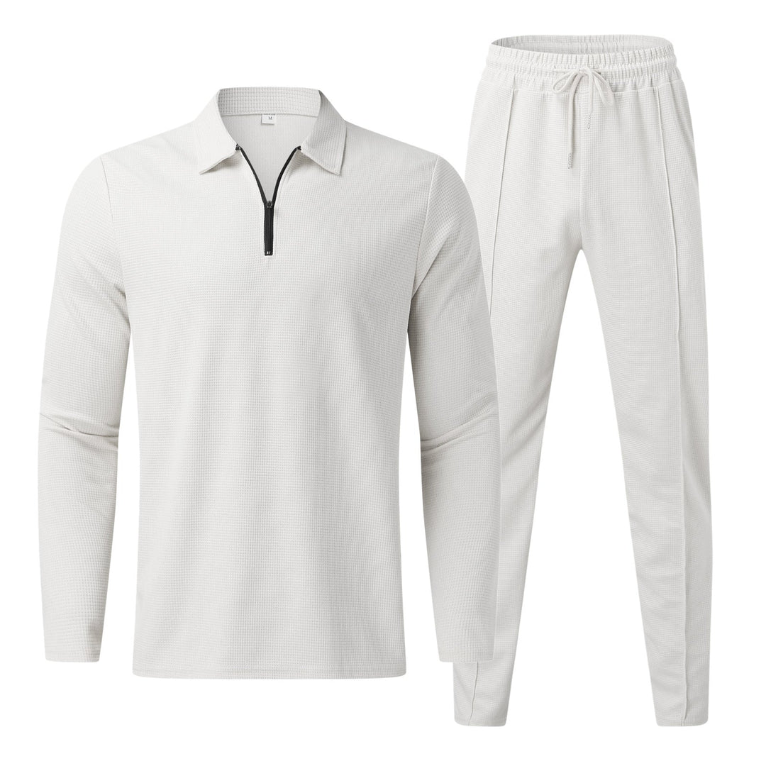 Survêtement de loisirs pour hommes 2 pièces – T-shirt à manches longues avec fermeture éclair & pantalon de jogging en tissu gaufré