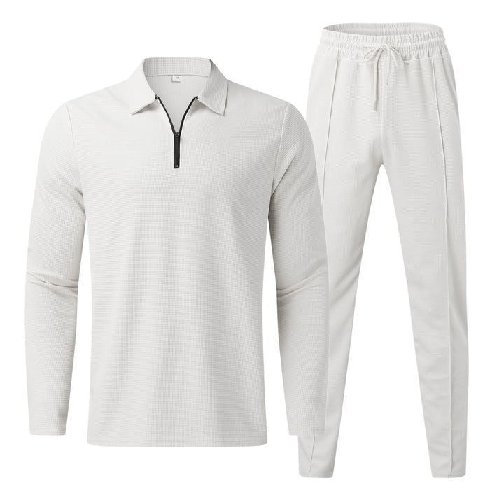 Survêtement de loisirs pour hommes 2 pièces – T-shirt à manches longues avec fermeture éclair & pantalon de jogging en tissu gaufré