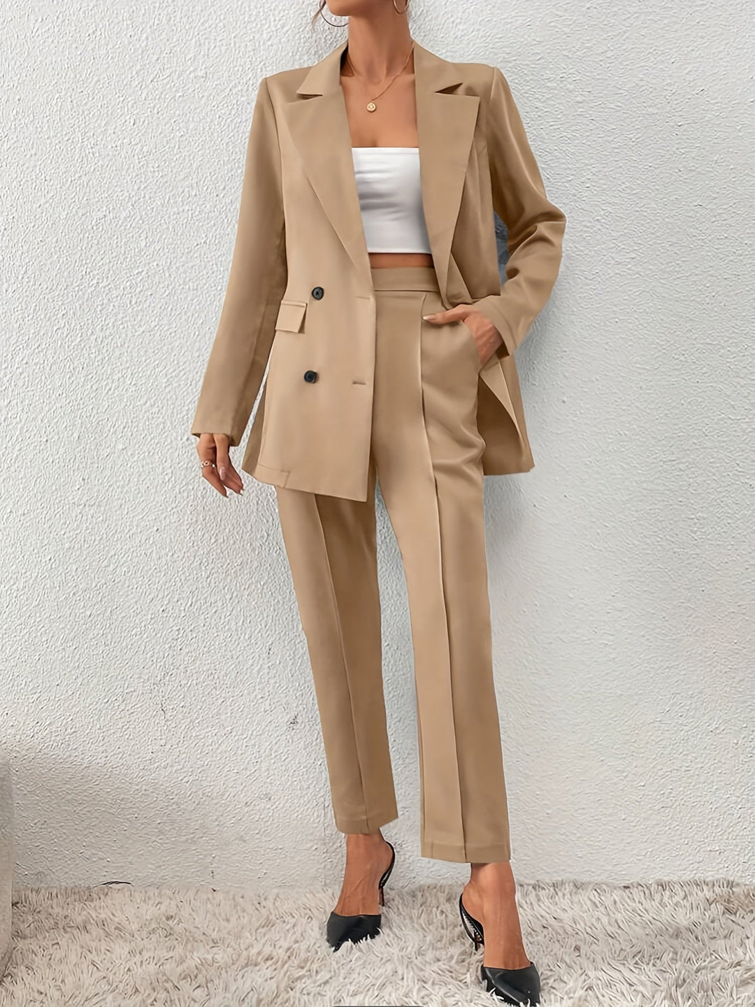Eleganter Blazer & Schrägtaschen Hosen Outfit Set Für Damen | Für Formelle Anlässe