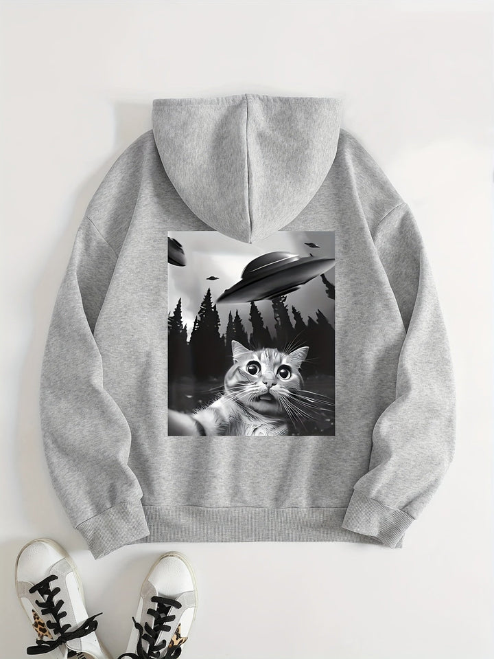 Stilvoller grauer Pullover Hoodie mit Kapuze und Backprint für Damen | Perfekt für den Alltag