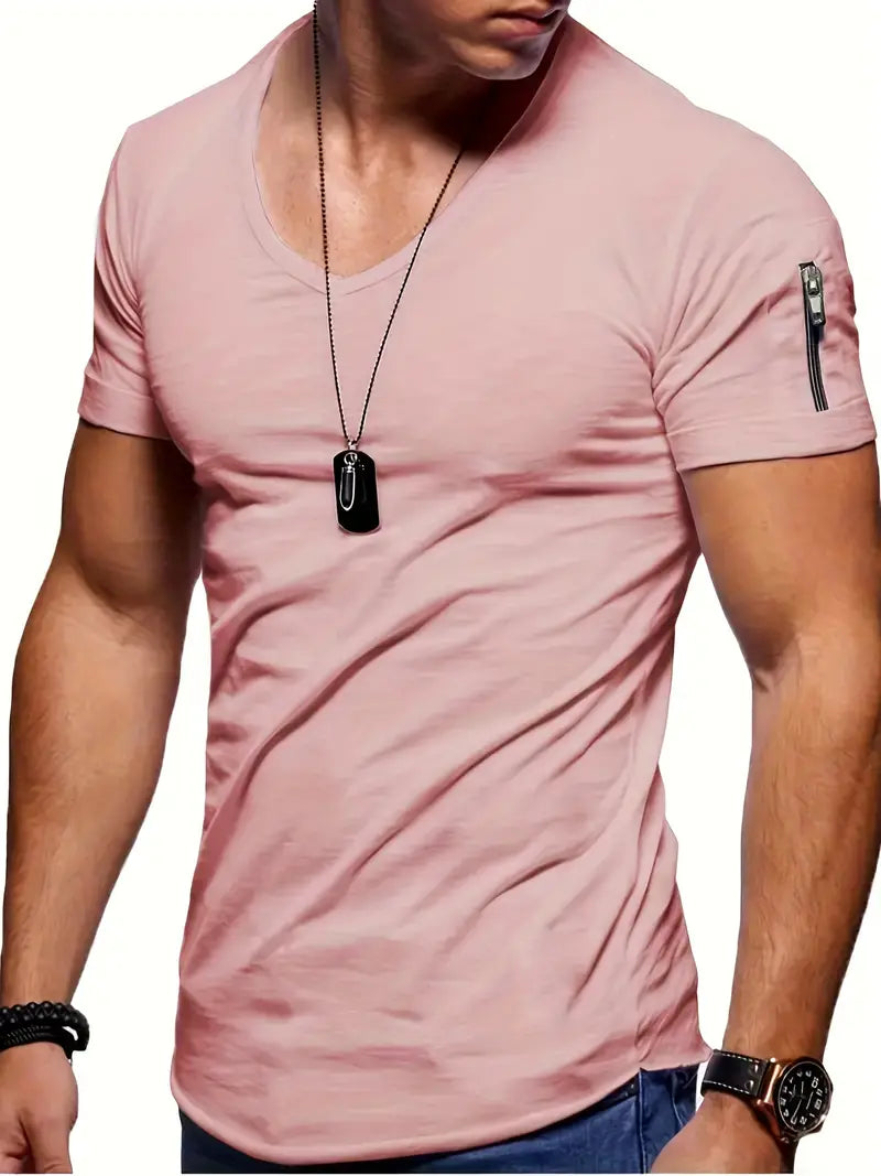 T-shirt homme avec col en V et détail fermeture éclair – T-shirt slim fit à manches courtes pour fitness, loisirs et streetwear