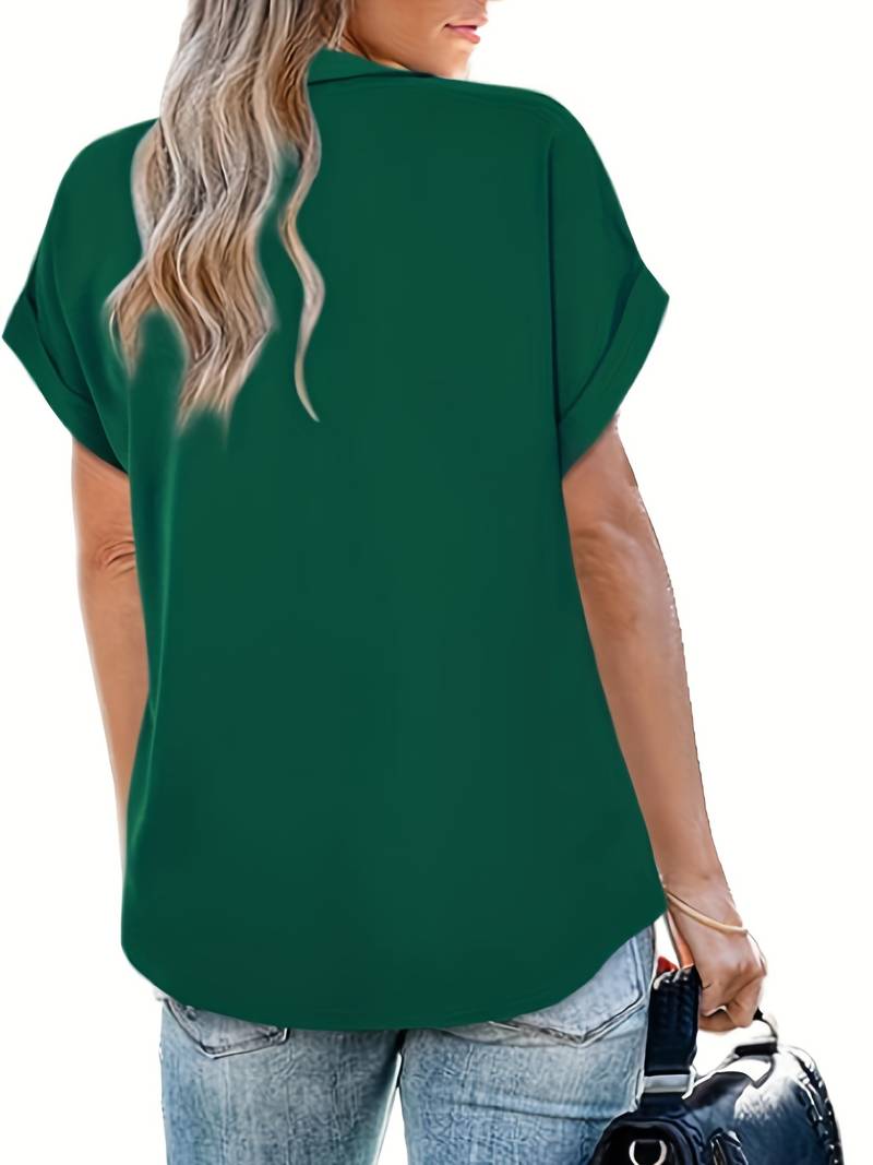 Camicia da donna taglio più ampio con scollo a V e colletto – Maglietta a maniche corte per ufficio e tempo libero