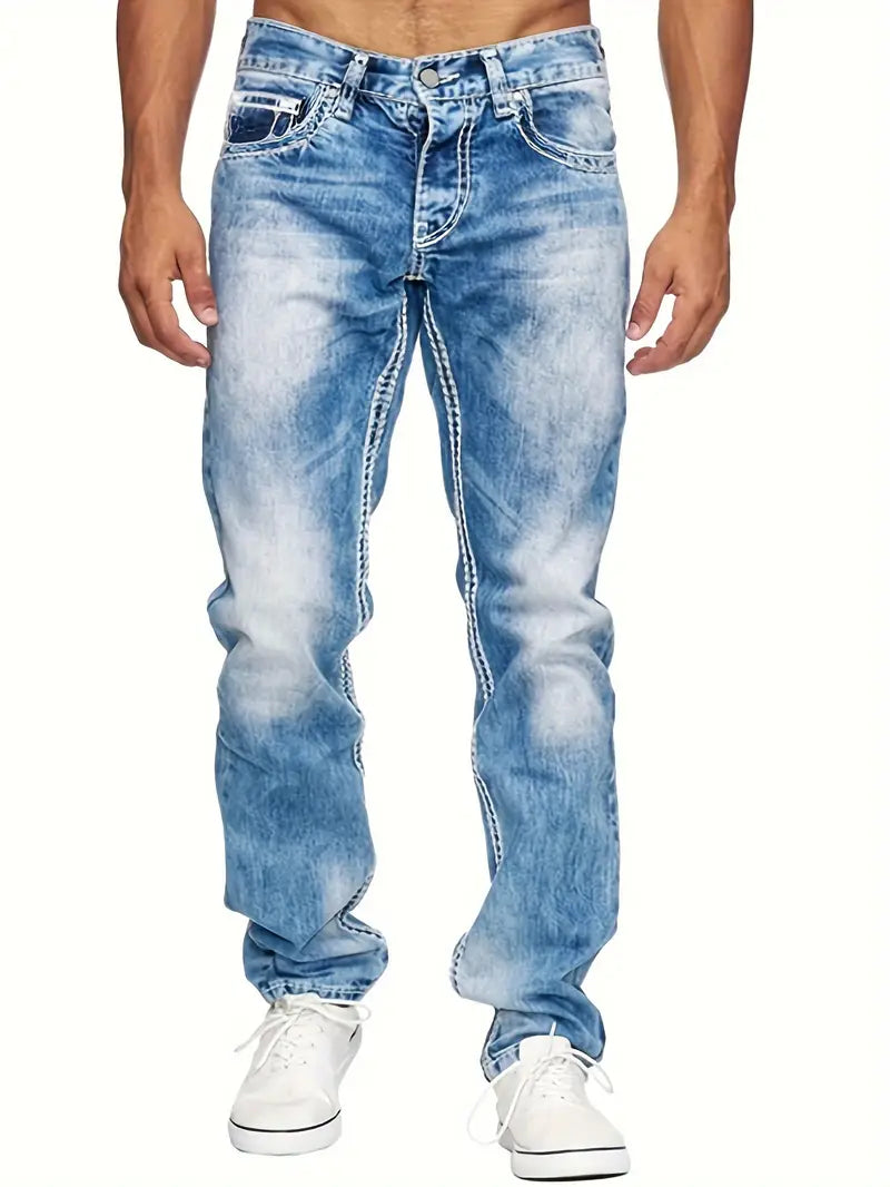 Herren Jeans mit heller Waschung & Kontrastnähten – Straight Fit Denim Hose für Streetstyle, Freizeit & Alltag