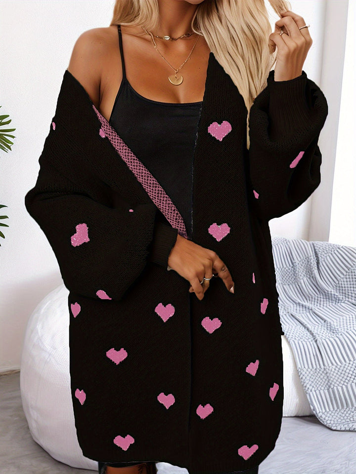 Cardigan in lana elegante con motivo a cuore e lunghezza lunga per donna | Ideale per l'inverno