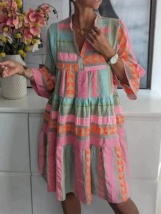 Tunica boho da donna con motivo geometrico – Abito estivo ampio con maniche 3/4