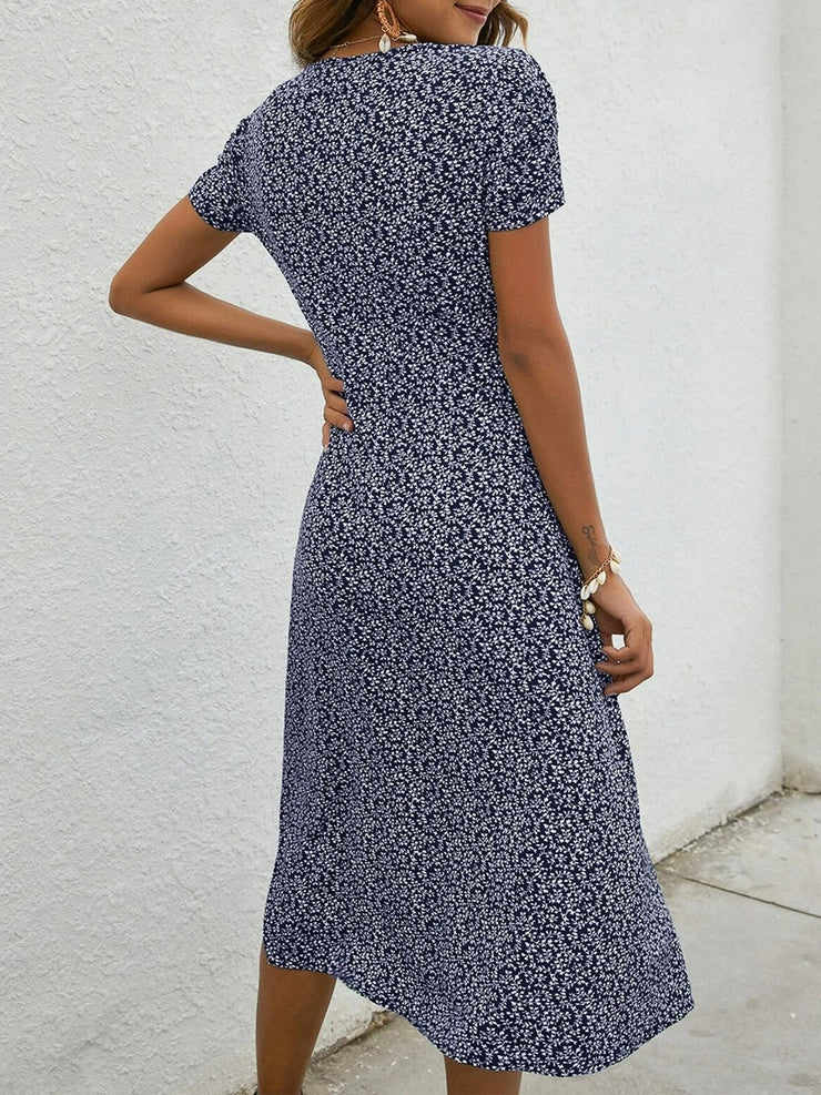 Vestito midi vintage con abbottonatura e motivo floreale – Vestito estivo a maniche corte per donna in stile retrò
