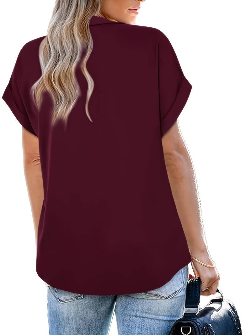 Camicia da donna taglio più ampio con scollo a V e colletto – Maglietta a maniche corte per ufficio e tempo libero