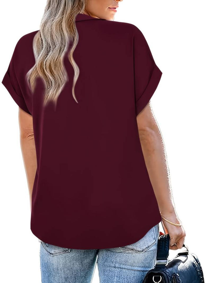 Camicia da donna taglio più ampio con scollo a V e colletto – Maglietta a maniche corte per ufficio e tempo libero