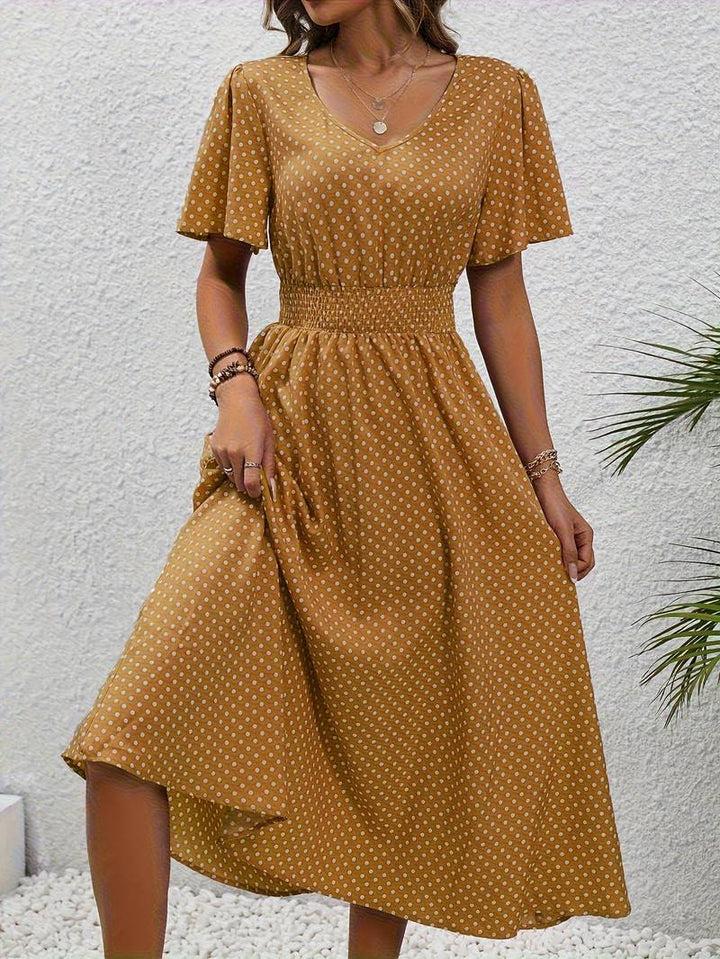 Abito midi da donna con pois e coulisse – Abito estivo arioso con scollo a V e maniche corte