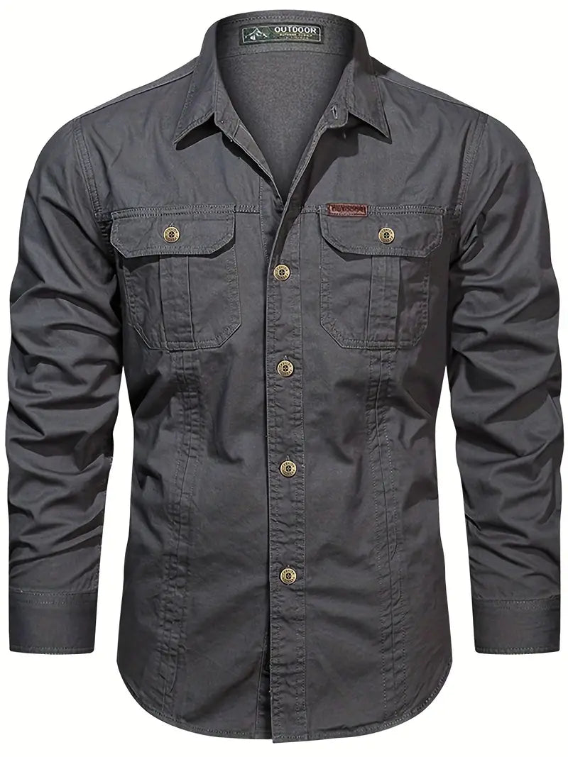 Chemise de plein air pour hommes – Chemise à manches longues robuste en coton avec poches poitrine et patte de boutonnage