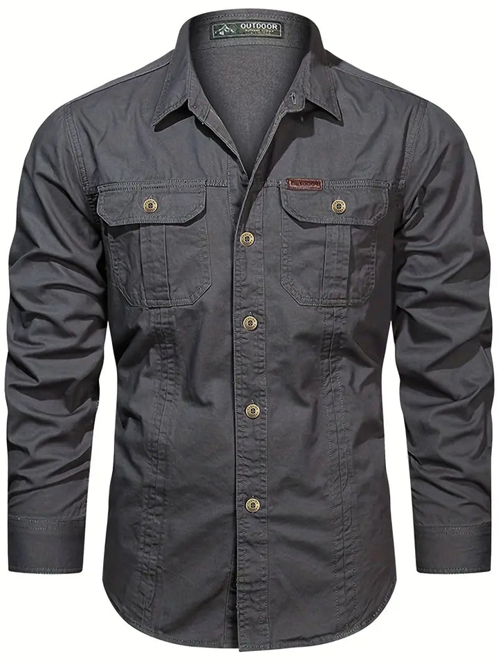 Chemise de plein air pour hommes – Chemise à manches longues robuste en coton avec poches poitrine et patte de boutonnage