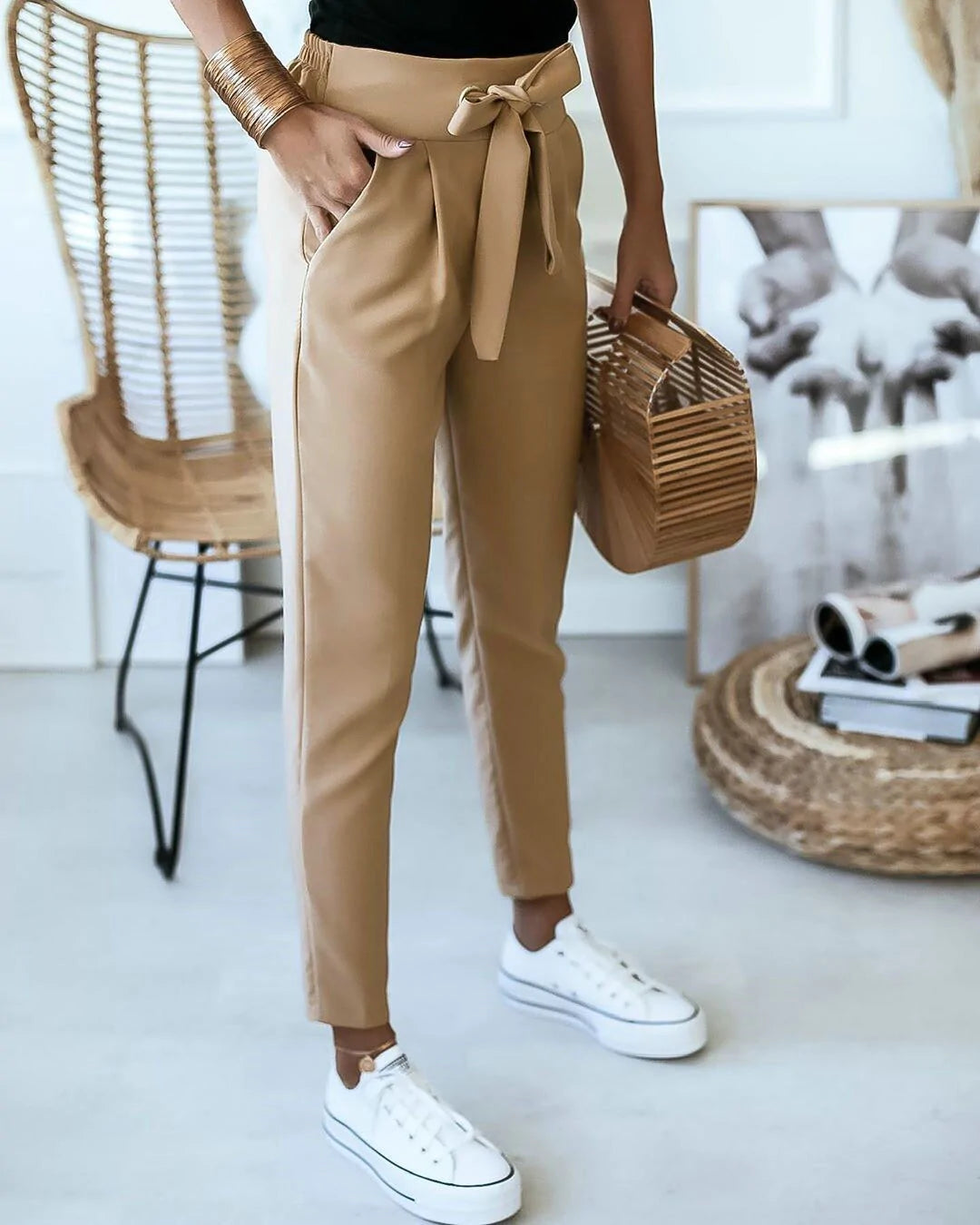 Pantalon taille haute femme avec ceinture – Pantalon élégant à enfiler avec ceinture à nouer et poches latérales pour bureau et quotidien