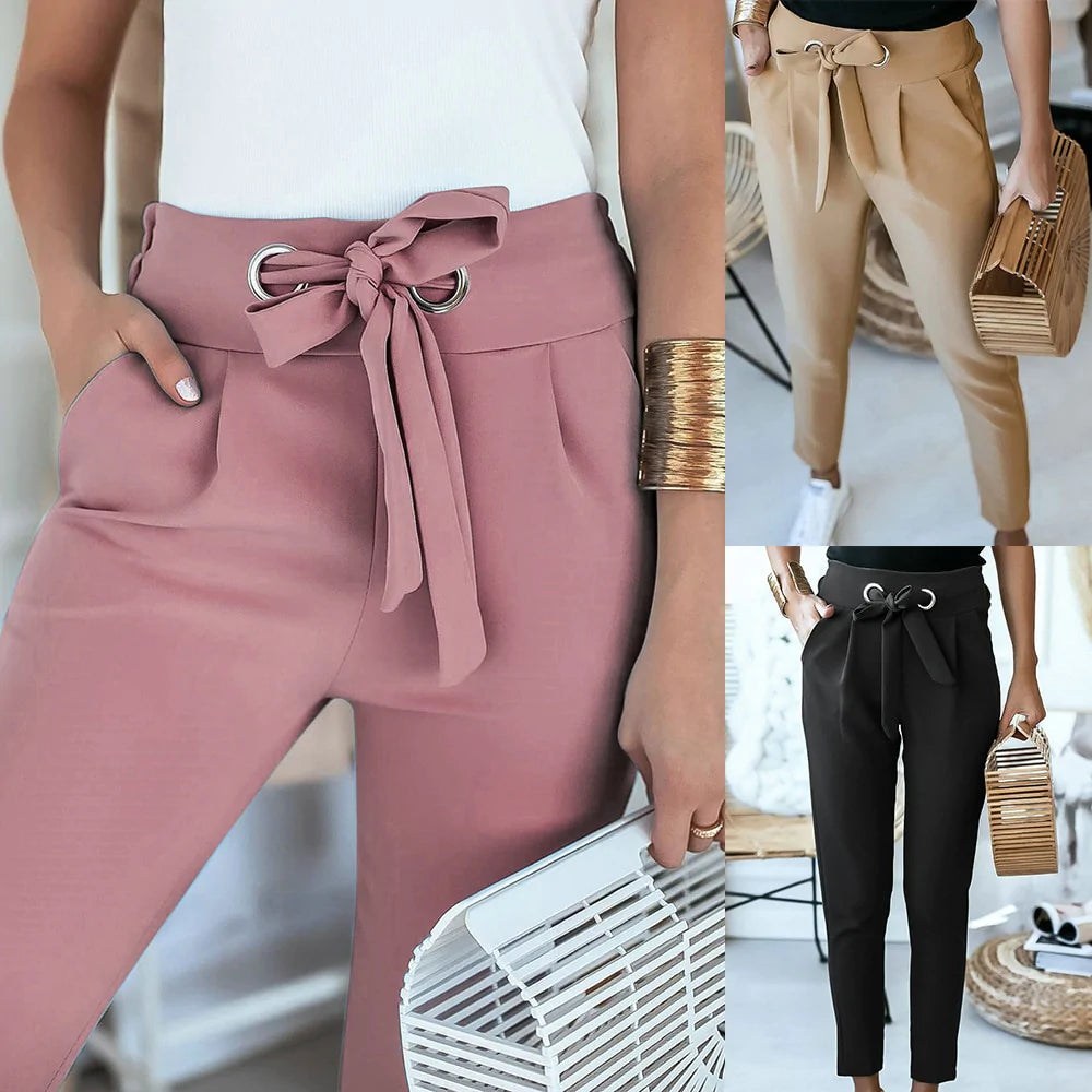 Pantalon taille haute femme avec ceinture – Pantalon élégant à enfiler avec ceinture à nouer et poches latérales pour bureau et quotidien