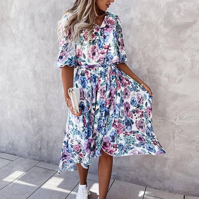 Robe Florale Blossom Breeze – Décolleté en V, Taille Élastique, Manches Flottantes