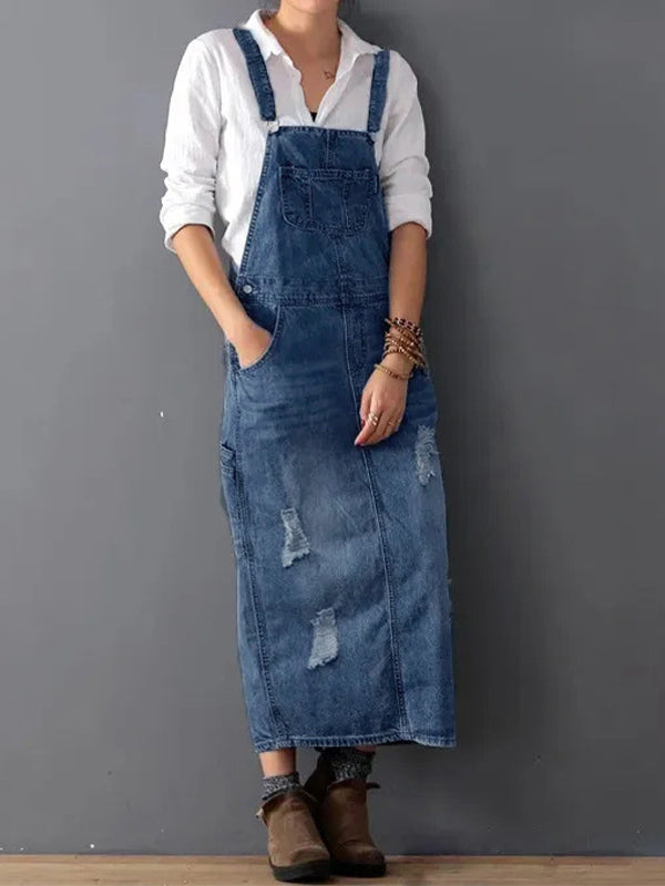 Combinaison en jean vintage pour femmes – Salopette décontractée avec bretelles réglables et aspect usé