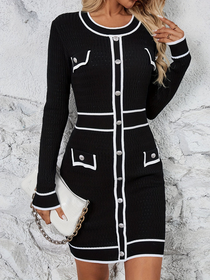 Lässig bloc de couleur rayé tricoté manches longues col rond décoration bouton robe formelle pour femmes | pour occasions formelles