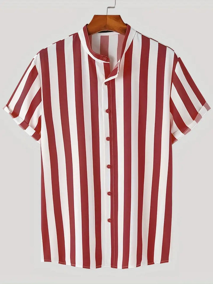 Herren Kurzarmhemd mit vertikalem Streifenmuster – Figurbetontes Sommerhemd mit Stehkragen & Knopfleiste – Modisches Shirt für Freizeit & Urlaub