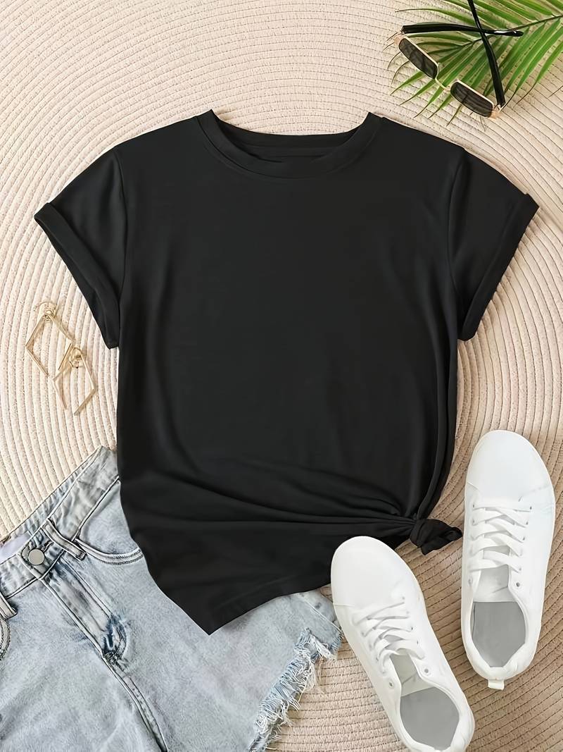 T-shirt basic da donna con scollo rotondo – maglietta a maniche corte ampia per estate e tempo libero – maglietta casual streetwear in tessuto morbido