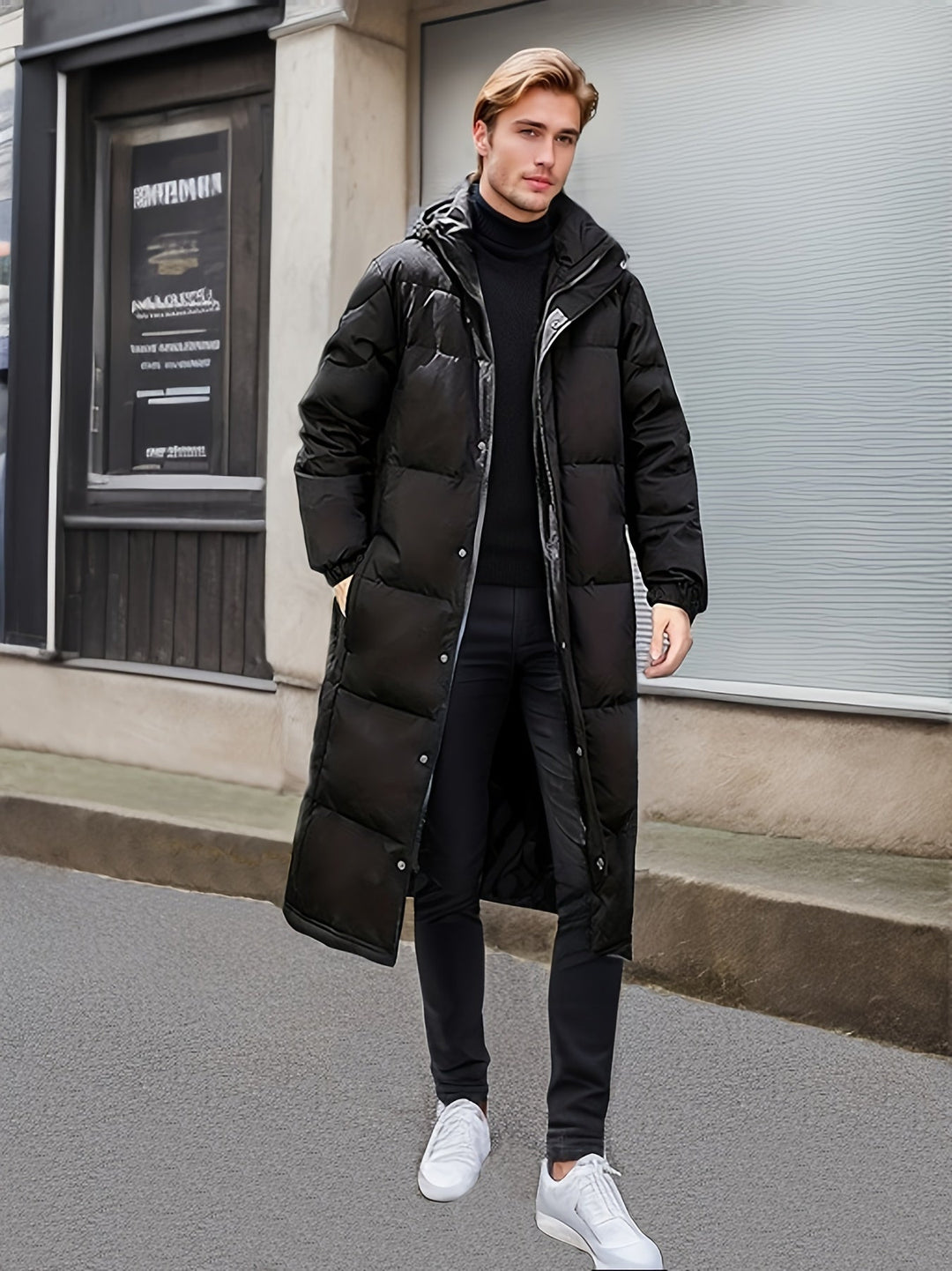 Veste d'hiver chaude longue matelassée noire à capuche en coton pour hommes | Parfaite pour les activités de plein air