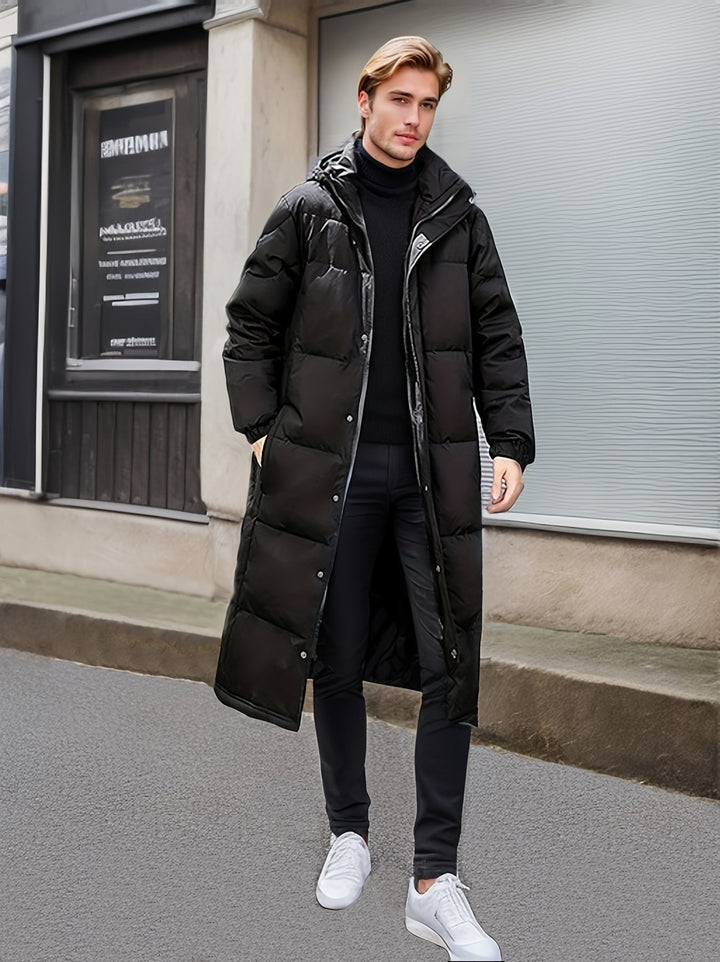Veste d'hiver chaude longue matelassée noire à capuche en coton pour hommes | Parfaite pour les activités de plein air
