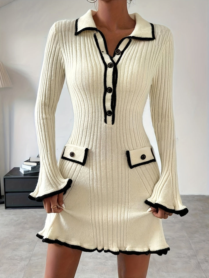 Lässig Farbblock Salat Besatz A-Linie Knopf Vorderseite Schlag Ärmel Gerippt Pullover Formelles Kleid Für Frauen | Für formelle Anlässe