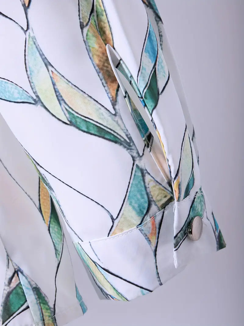 Damen Bluse mit Blattmuster – Elegante Satin-Hemdbluse mit Knöpfen & V-Ausschnitt – Sommer Oberteil für Büro & Freizeit