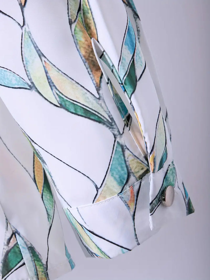 Damen Bluse mit Blattmuster – Elegante Satin-Hemdbluse mit Knöpfen & V-Ausschnitt – Sommer Oberteil für Büro & Freizeit