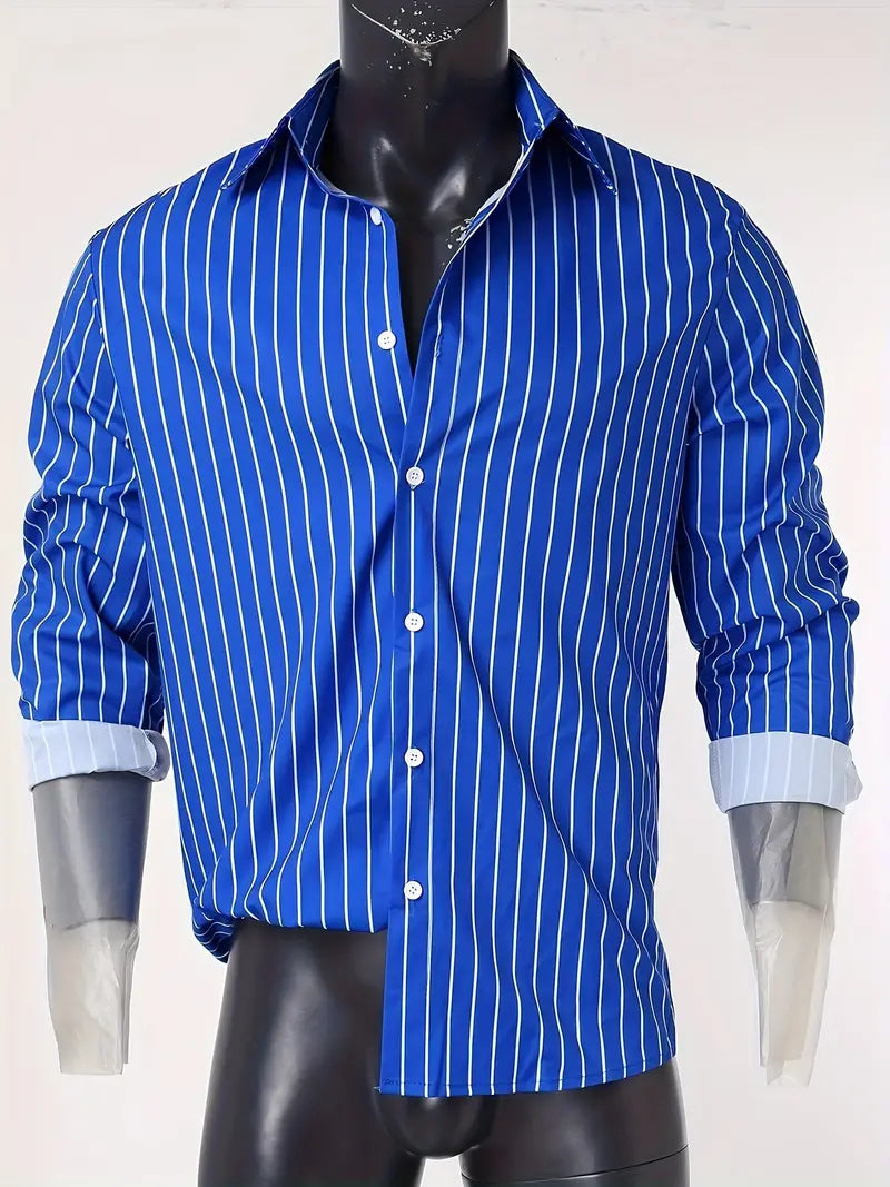 Chemise homme à manches longues avec motif à rayures – Chemise slim fit business & soirée avec col – Chemise décontractée élégante avec patte de boutonnage