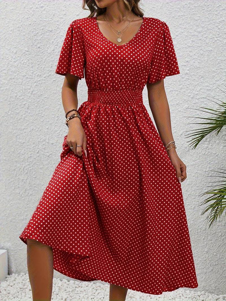 Abito midi da donna con pois e coulisse – Abito estivo arioso con scollo a V e maniche corte