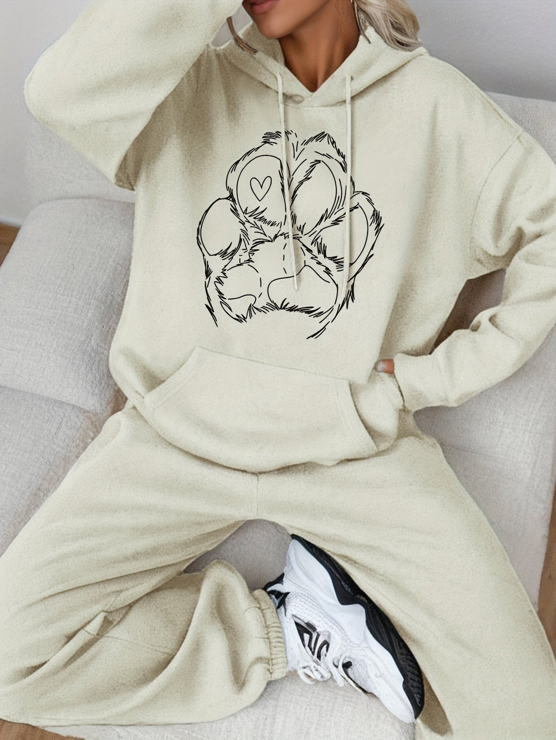 Sweat-shirt décontracté en coton avec motif pattes & pantalon de jogging pour femmes | Idéal pour automne/hiver