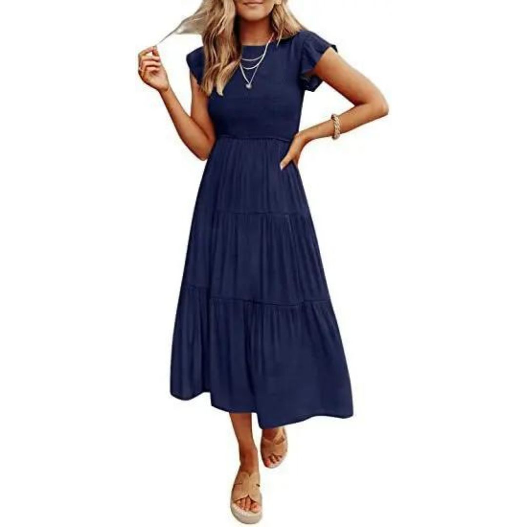 Damen Sommerkleid mit Smok-Oberteil – Luftiges Midikleid mit kurzen Ärmeln & Stufenrock für Alltag & Urlaub