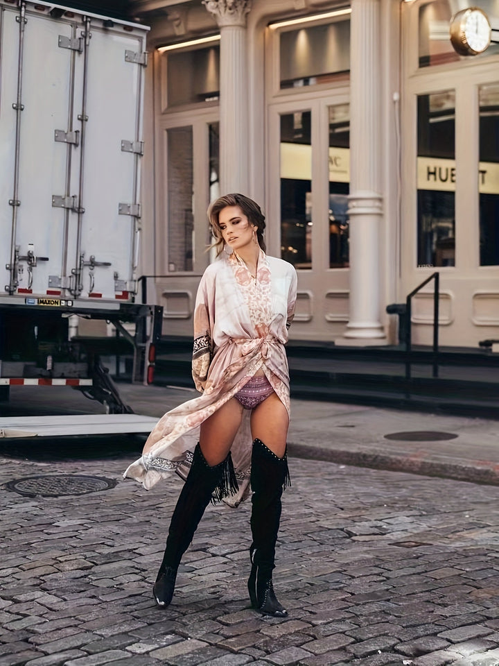 Kimono lungo con motivo floreale – Abito lungo boho con cintura e taglio ampio