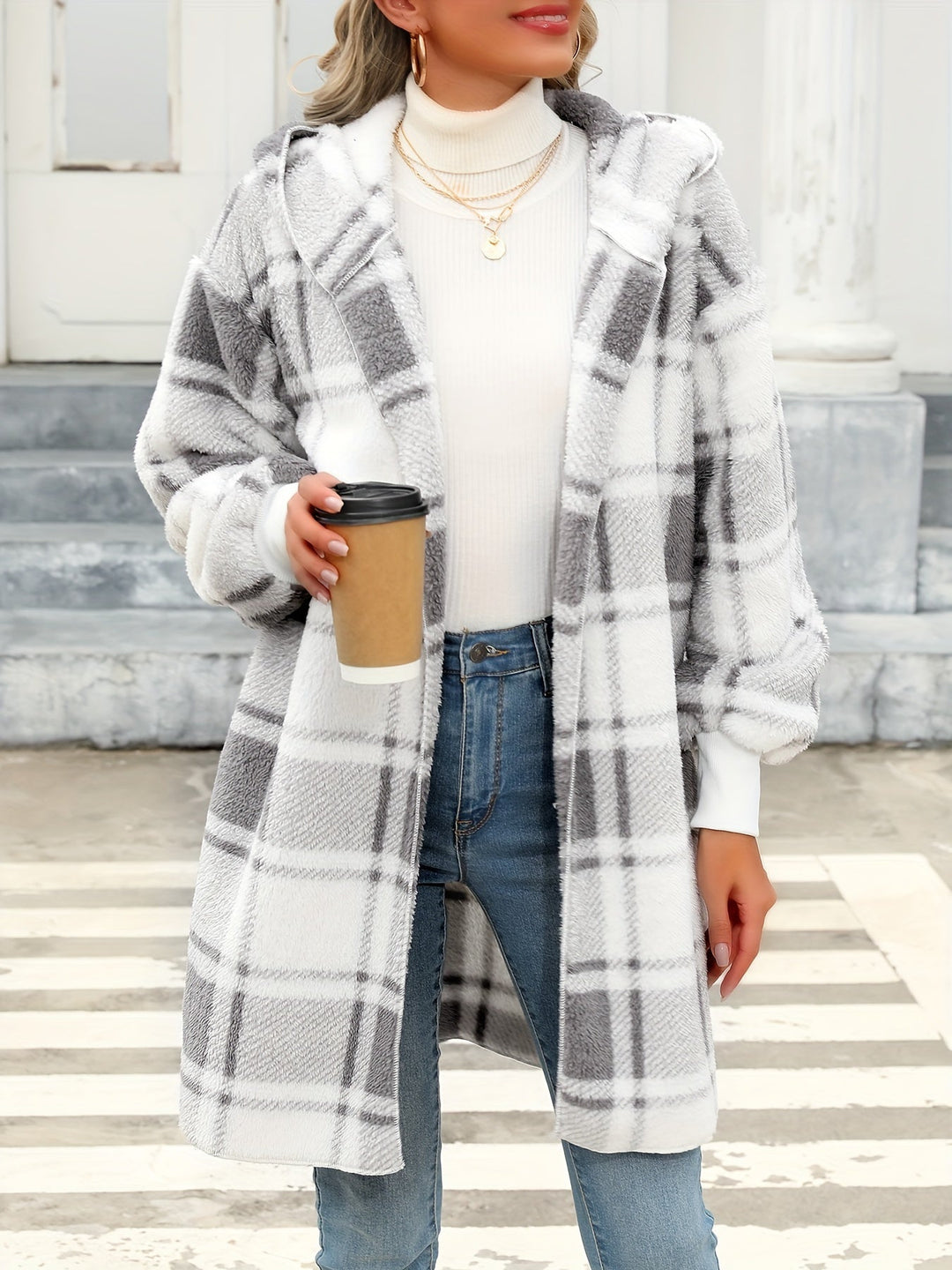 Lässiger hooded karierten Fleece-Strickwaren-Cardigan für Damen | Perfekt für den Alltag