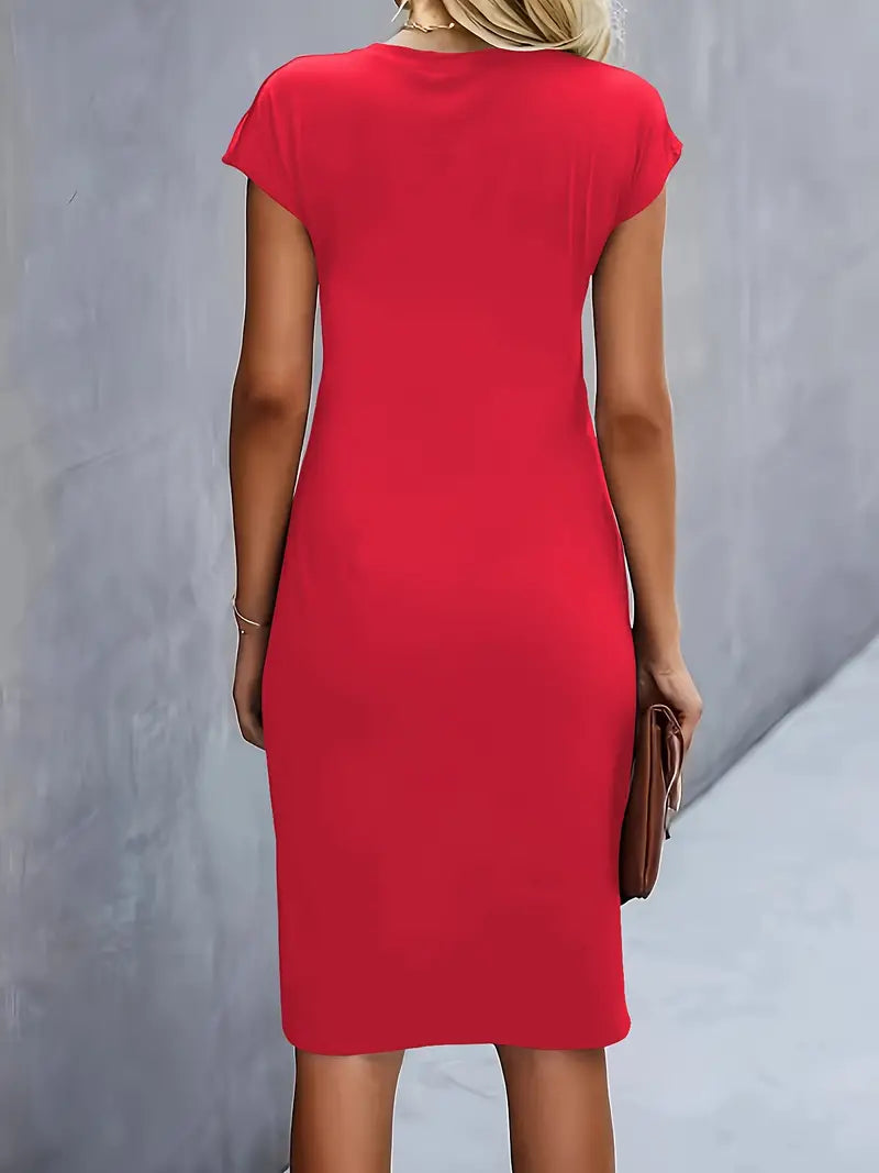 Abito a tubino da donna con pieghe – Abito da lavoro aderente con scollo rotondo per ufficio, eventi e look serali