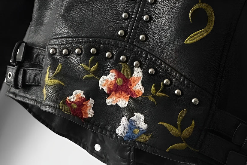 Vintage Lederjacke mit Blumen für Damen | Perfekt für den Alltag