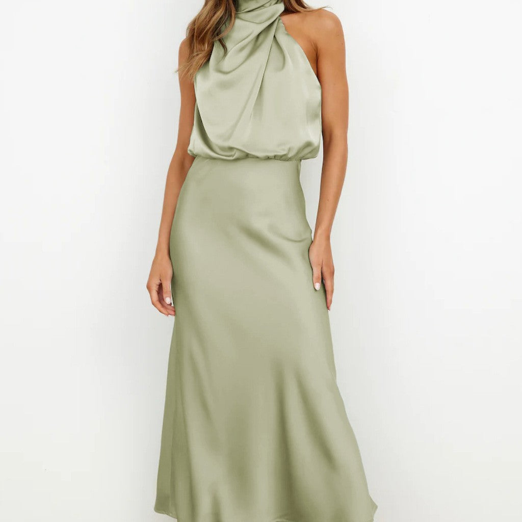 Robe de soirée femme satinée – coupe midi ajustée, design asymétrique sans manches