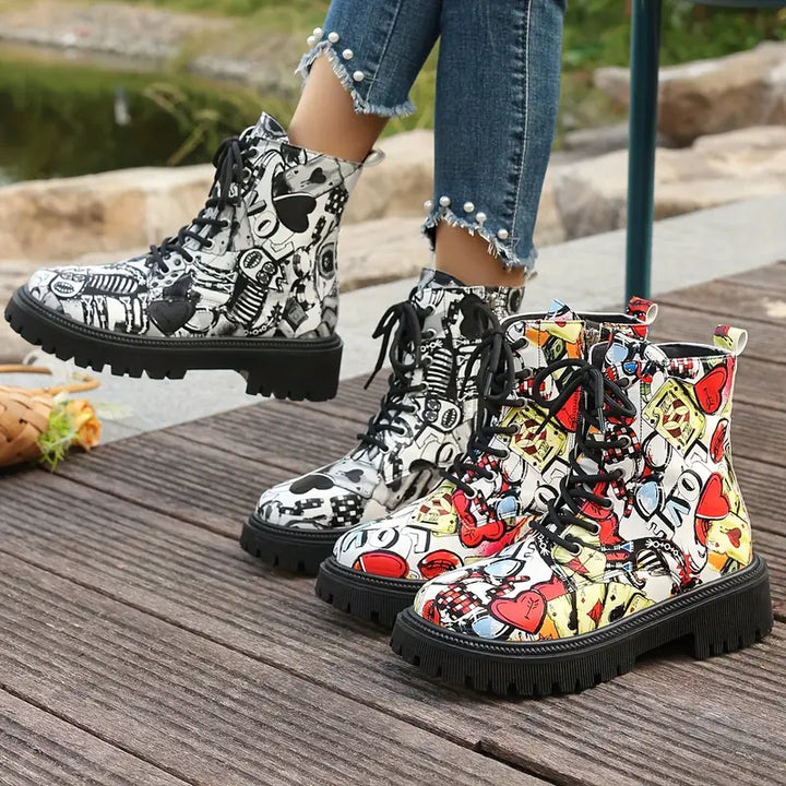 Bottines amusantes et festives avec imprimé cartoon, talon bas et fermeture éclair