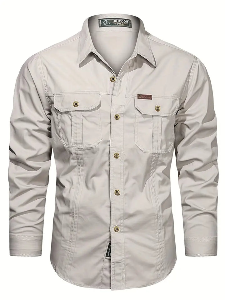 Chemise de plein air pour hommes – Chemise à manches longues robuste en coton avec poches poitrine et patte de boutonnage